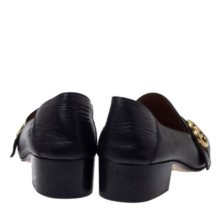 Pre Owned Gucci Black Leather GG Marmont Web Slip On Loafers Size 38.5