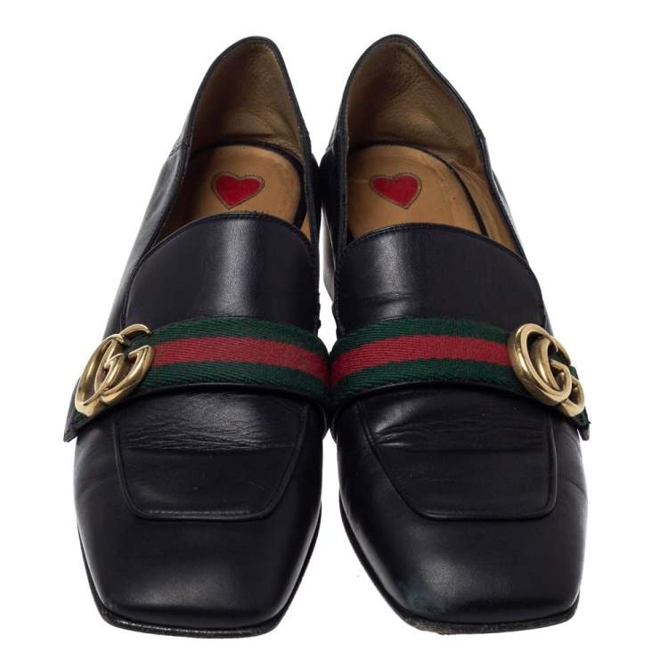 Pre Owned Gucci Black Leather GG Marmont Web Slip On Loafers Size 38.5