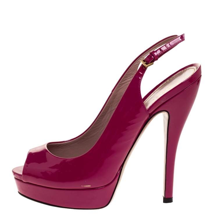 Pre Owned Gucci Magenta Patent Leather Peep Toe Platform Slingback Sandals Size 36.5
