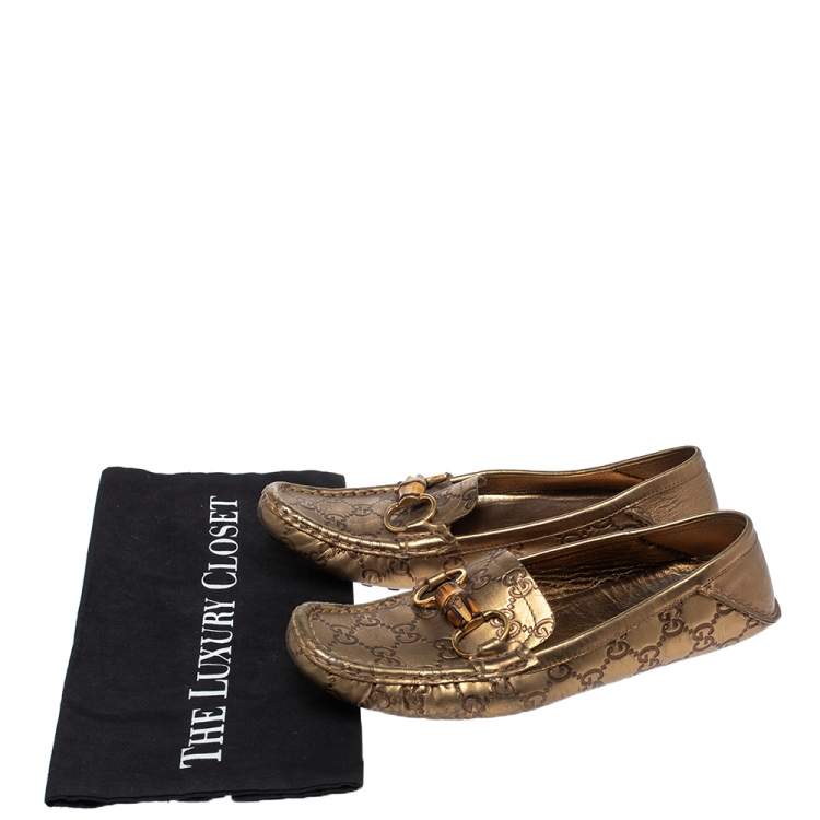 Pre Owned Gucci Metallic Bronze Guccissima Leather Bamboo Horsebit Loafer Size 37.5