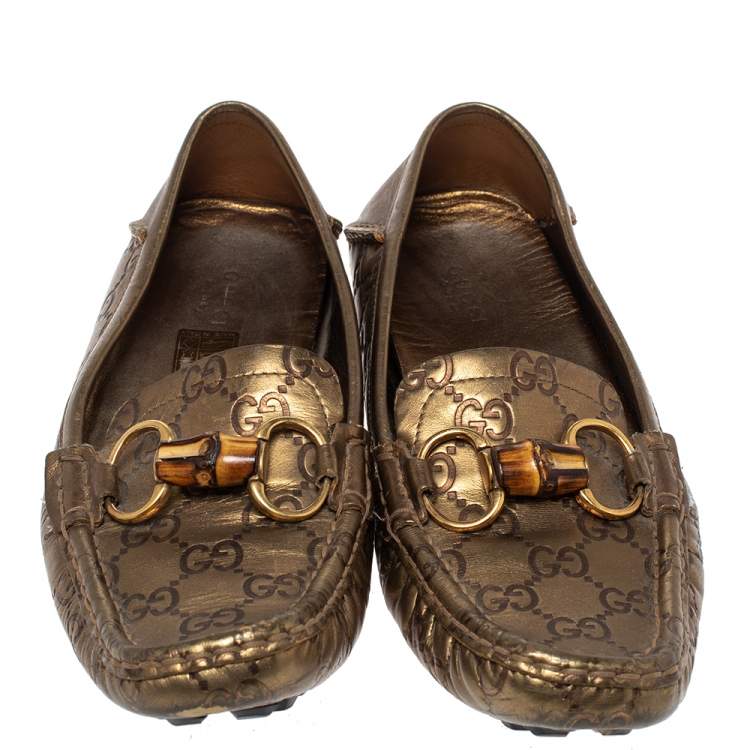 Pre Owned Gucci Metallic Bronze Guccissima Leather Bamboo Horsebit Loafer Size 37.5