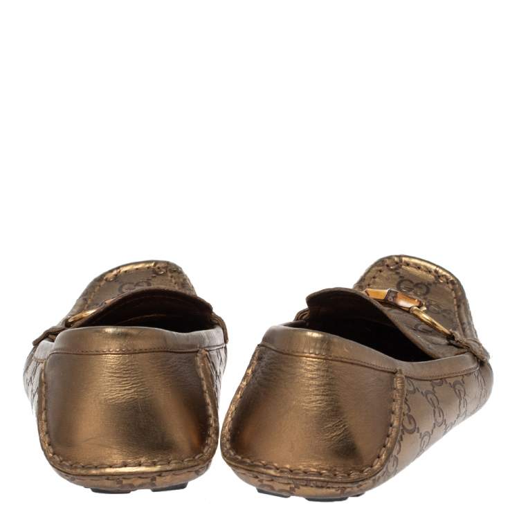 Pre Owned Gucci Metallic Bronze Guccissima Leather Bamboo Horsebit Loafer Size 37.5