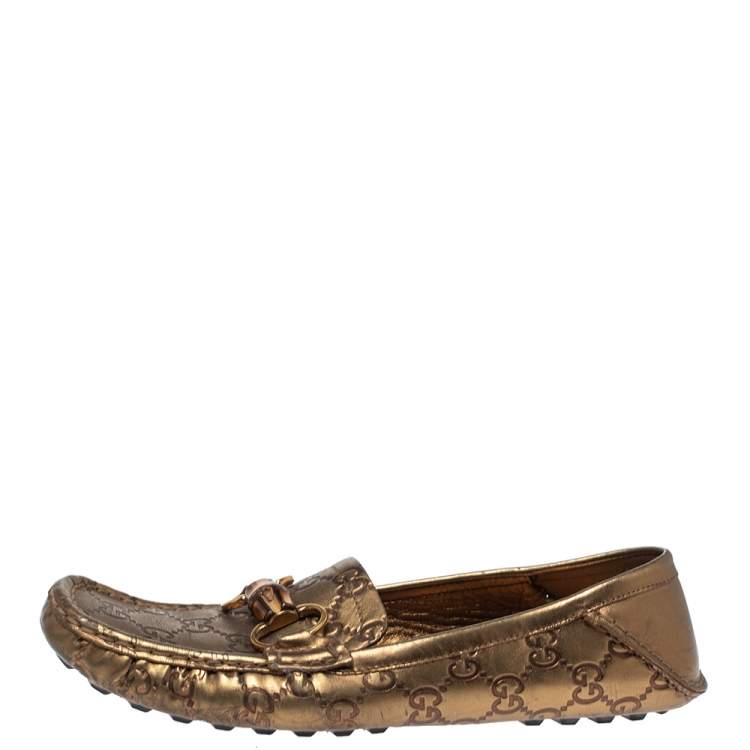 Pre Owned Gucci Metallic Bronze Guccissima Leather Bamboo Horsebit Loafer Size 37.5