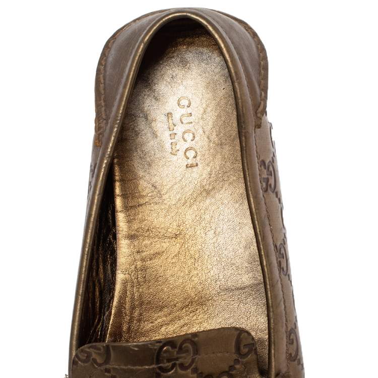 Pre Owned Gucci Metallic Bronze Guccissima Leather Bamboo Horsebit Loafer Size 37.5
