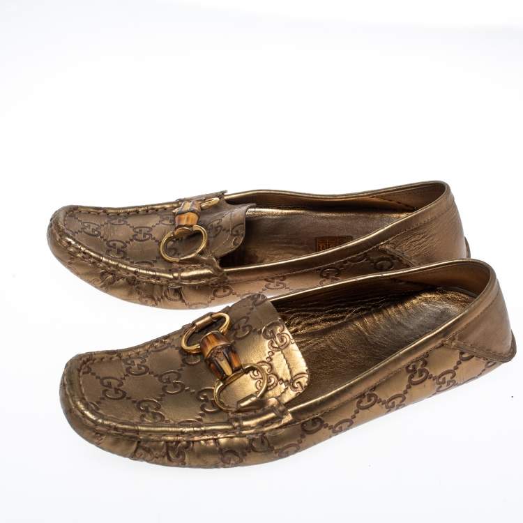 Pre Owned Gucci Metallic Bronze Guccissima Leather Bamboo Horsebit Loafer Size 37.5