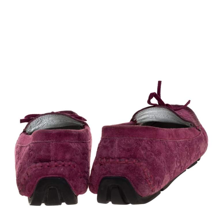 Pre Owned Gucci Purple GG Suede Leather Bow Slip On Loafers Size 36.5