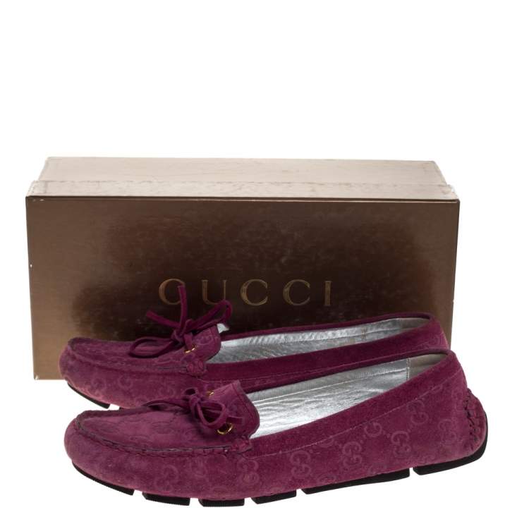 Pre Owned Gucci Purple GG Suede Leather Bow Slip On Loafers Size 36.5