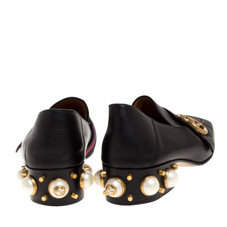 Pre Owned Gucci Black Leather Pearl Embellished Double G Web Mid Heel Loafers Size 36.5
