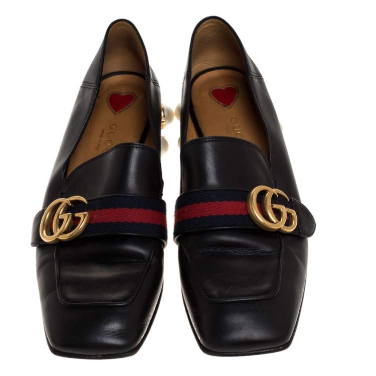 Pre Owned Gucci Black Leather Pearl Embellished Double G Web Mid Heel Loafers Size 36.5