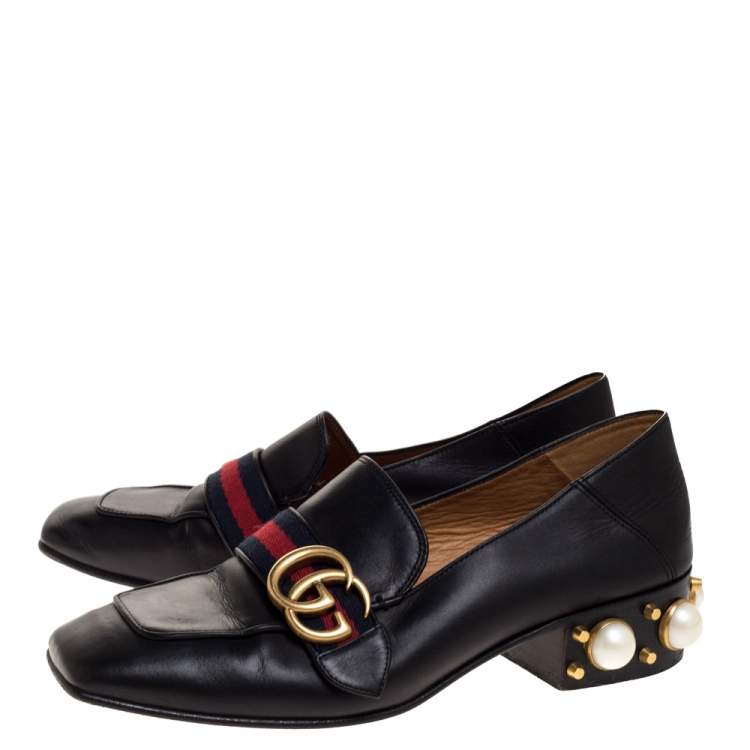 Pre Owned Gucci Black Leather Pearl Embellished Double G Web Mid Heel Loafers Size 36.5