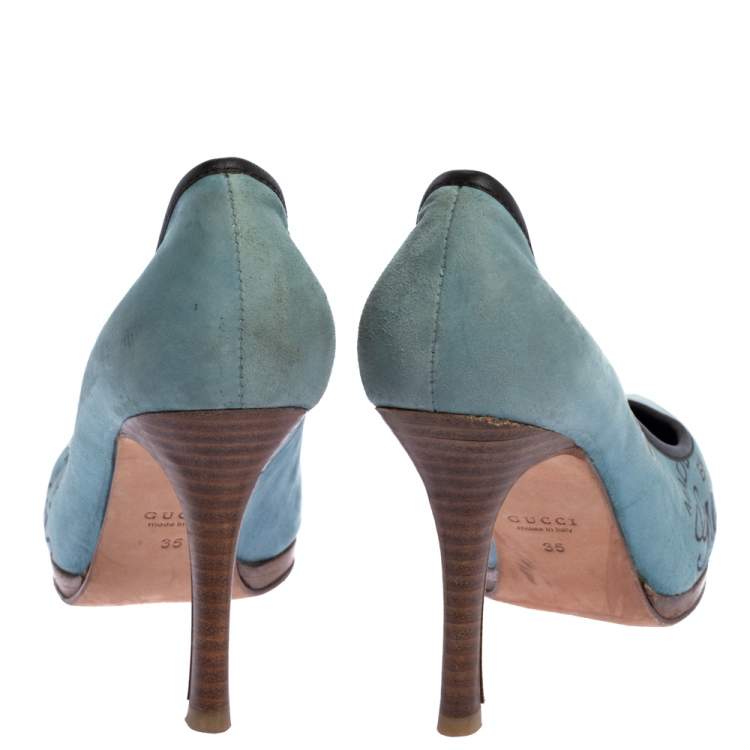 Pre Owned Gucci Blue Suede And Brown Leather Trim Eyelet Embellished Platform Pumps Size 35