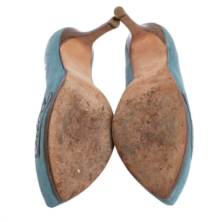 Pre Owned Gucci Blue Suede And Brown Leather Trim Eyelet Embellished Platform Pumps Size 35