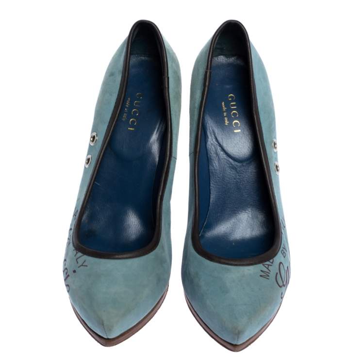 Pre Owned Gucci Blue Suede And Brown Leather Trim Eyelet Embellished Platform Pumps Size 35