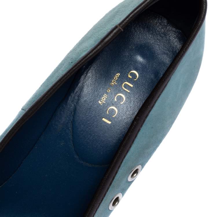 Pre Owned Gucci Blue Suede And Brown Leather Trim Eyelet Embellished Platform Pumps Size 35