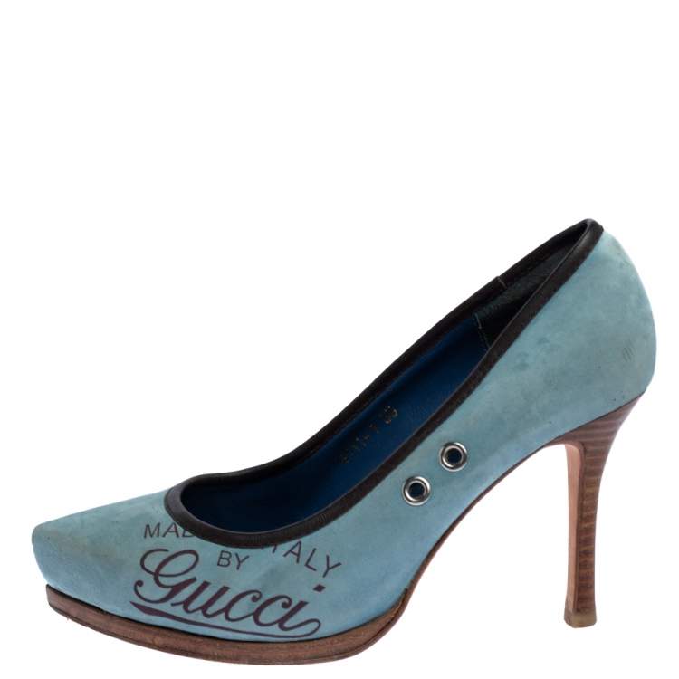 Pre Owned Gucci Blue Suede And Brown Leather Trim Eyelet Embellished Platform Pumps Size 35
