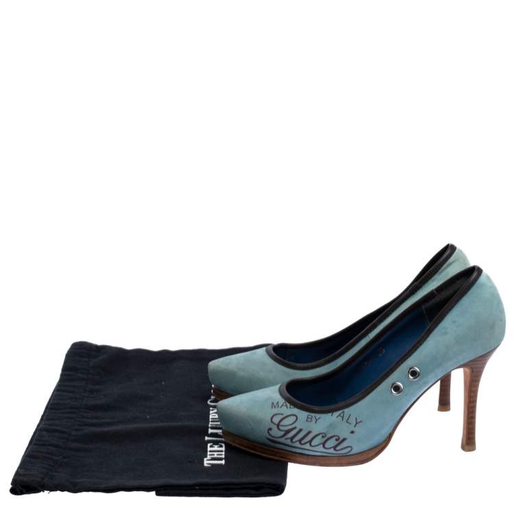 Pre Owned Gucci Blue Suede And Brown Leather Trim Eyelet Embellished Platform Pumps Size 35
