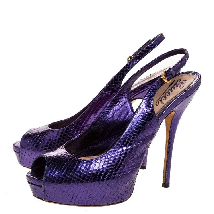 Pre Owned Gucci Purple Python Leather Sofia Platform Peep Toe Slingback Sandals Size 37