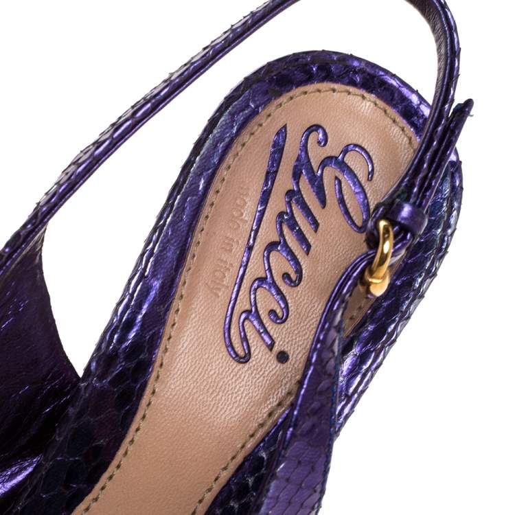 Pre Owned Gucci Purple Python Leather Sofia Platform Peep Toe Slingback Sandals Size 37