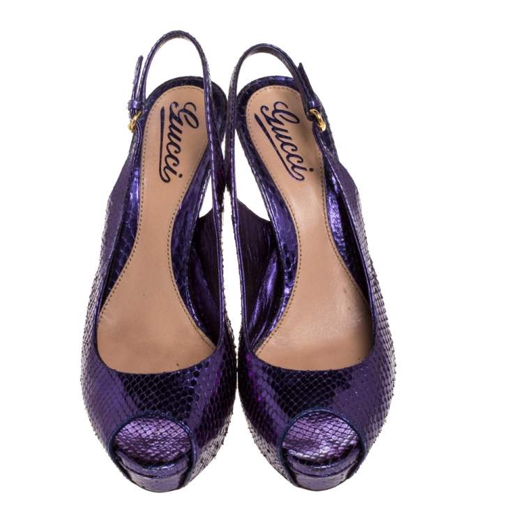 Pre Owned Gucci Purple Python Leather Sofia Platform Peep Toe Slingback Sandals Size 37