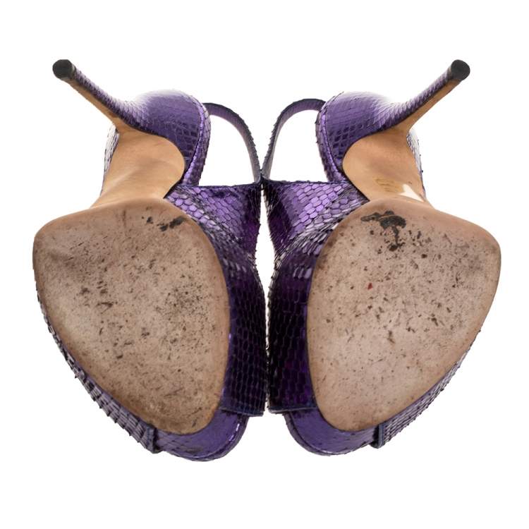 Pre Owned Gucci Purple Python Leather Sofia Platform Peep Toe Slingback Sandals Size 37