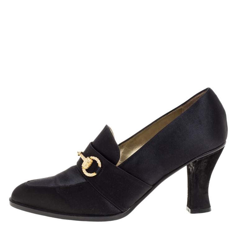 Gucci Black Satin And Suede Crystal Embellished Horsebit Loafers Pumps