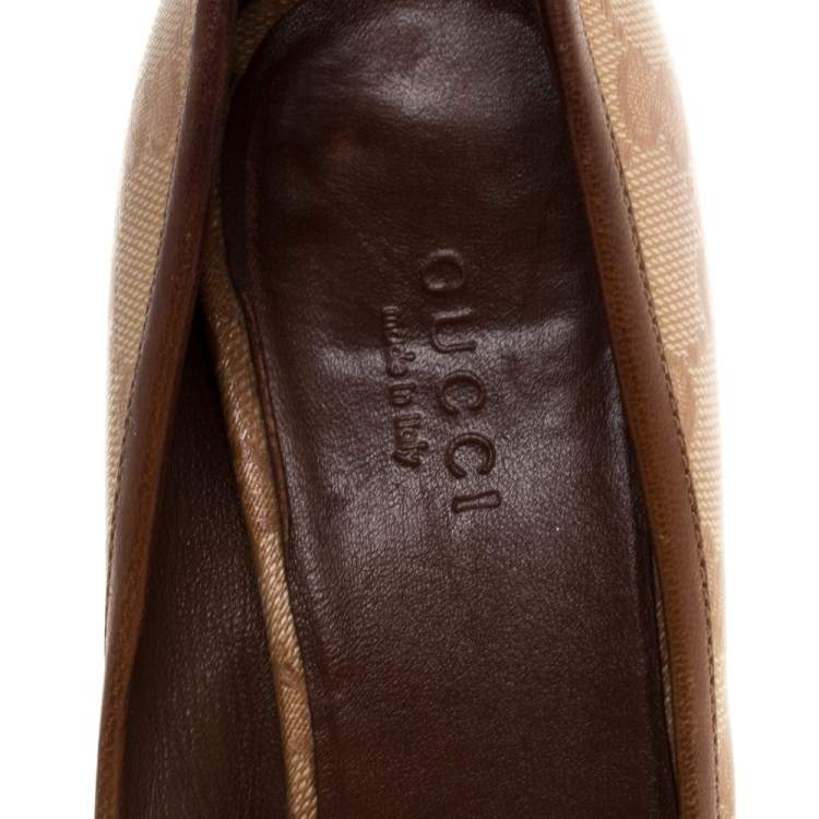 Pre Owned Gucci Beige GG Canvas Bamboo Bow Peep Toe Pumps Size 37.5