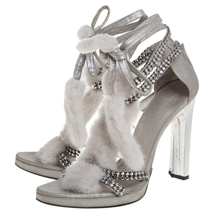 Pre Owned Tom Ford For Gucci Silver Leather And Mink Fur Strappy Ankle Wrap Sandals Size 40.5