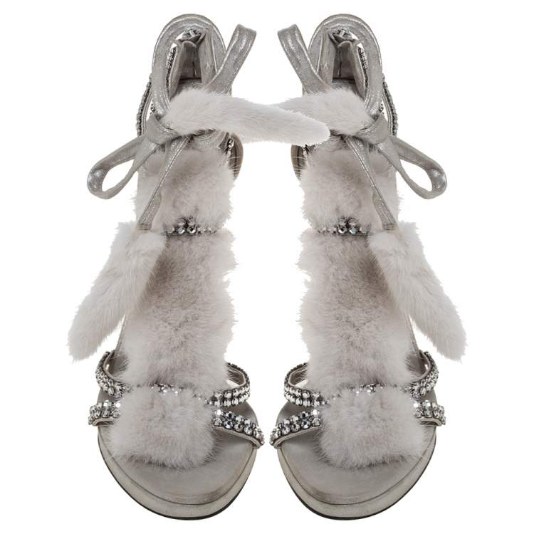 Pre Owned Tom Ford For Gucci Silver Leather And Mink Fur Strappy Ankle Wrap Sandals Size 40.5