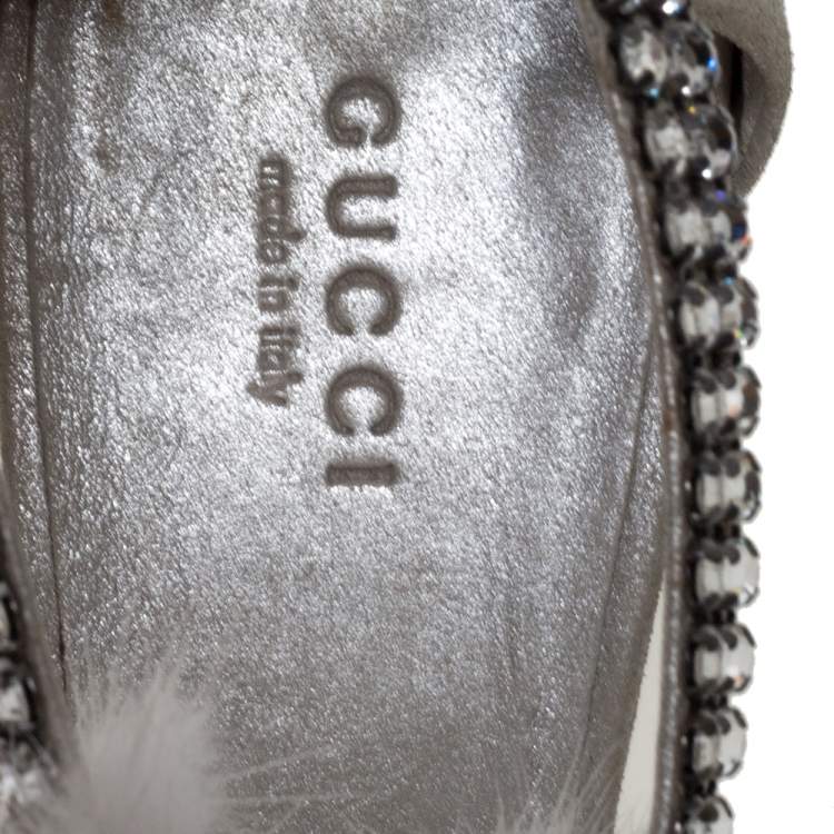 Pre Owned Tom Ford For Gucci Silver Leather And Mink Fur Strappy Ankle Wrap Sandals Size 40.5