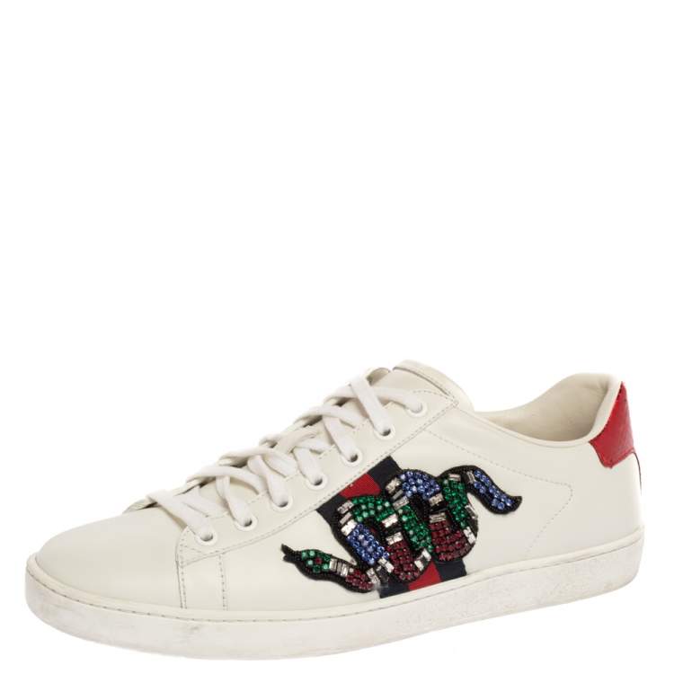 Gucci White Leather Ace Snake Crystal 