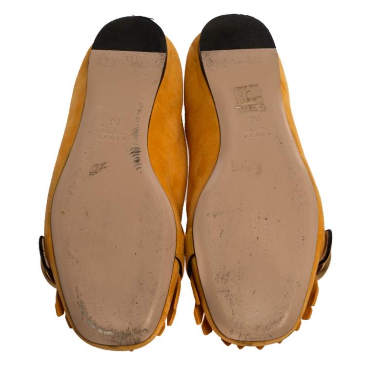 Pre Owned Gucci Yellow Suede Leather GG Marmont Fringe Detail Ballet Flats Size 36