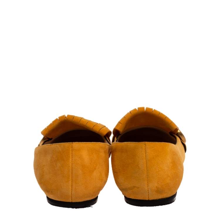 Pre Owned Gucci Yellow Suede Leather GG Marmont Fringe Detail Ballet Flats Size 36