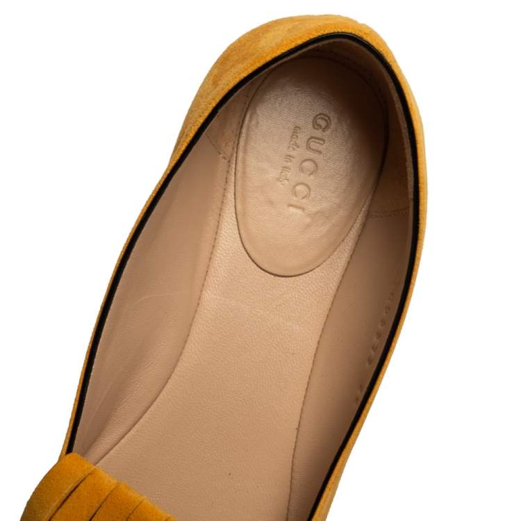 Pre Owned Gucci Yellow Suede Leather GG Marmont Fringe Detail Ballet Flats Size 36