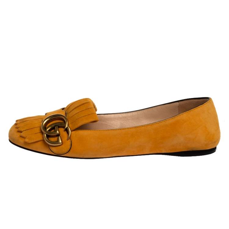 Pre Owned Gucci Yellow Suede Leather GG Marmont Fringe Detail Ballet Flats Size 36