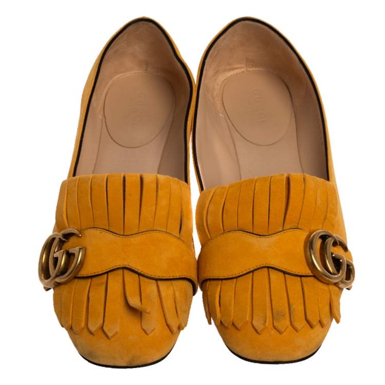 Pre Owned Gucci Yellow Suede Leather GG Marmont Fringe Detail Ballet Flats Size 36
