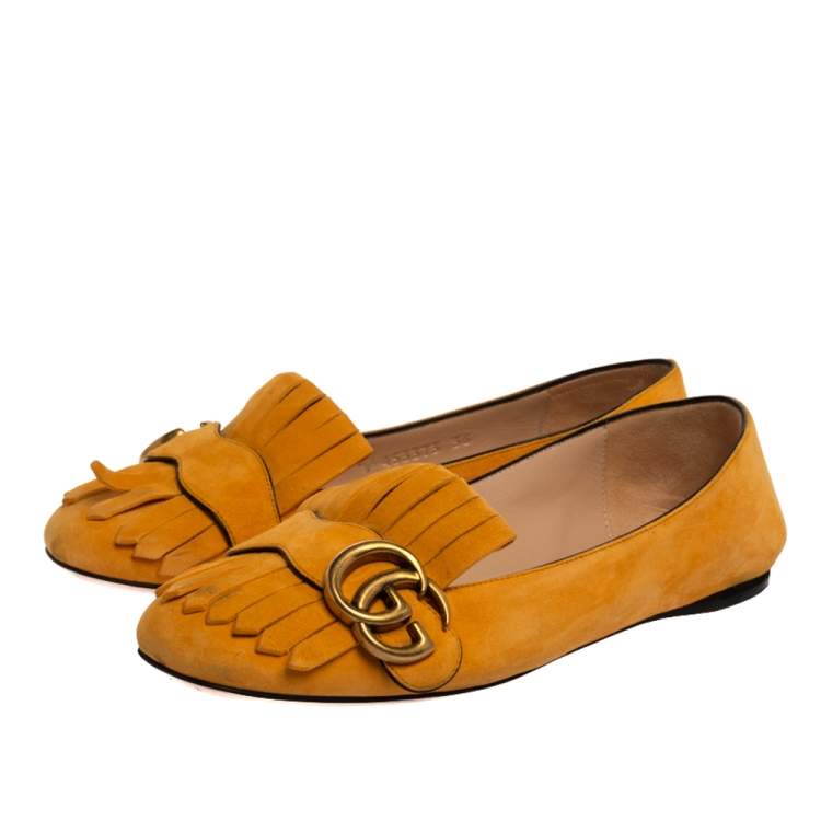 Pre Owned Gucci Yellow Suede Leather GG Marmont Fringe Detail Ballet Flats Size 36