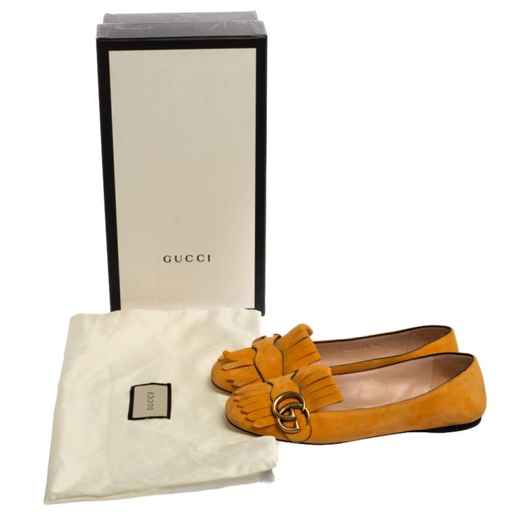 Pre Owned Gucci Yellow Suede Leather GG Marmont Fringe Detail Ballet Flats Size 36