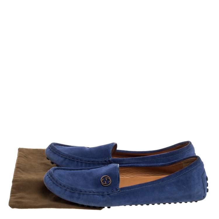 Pre Owned Gucci Blue Suede Interlocking GG Driving Moccasins Size 41