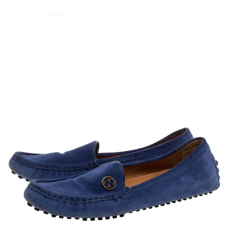 Pre Owned Gucci Blue Suede Interlocking GG Driving Moccasins Size 41