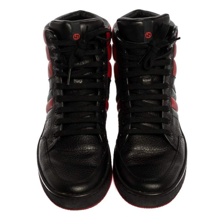 Pre Owned Gucci Black/Red Leather 'New Praga Karibu' High Top Lace Up Sneakers Size 37