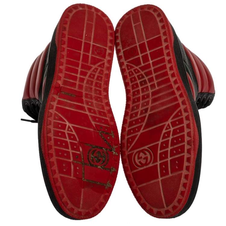 Pre Owned Gucci Black/Red Leather 'New Praga Karibu' High Top Lace Up Sneakers Size 37