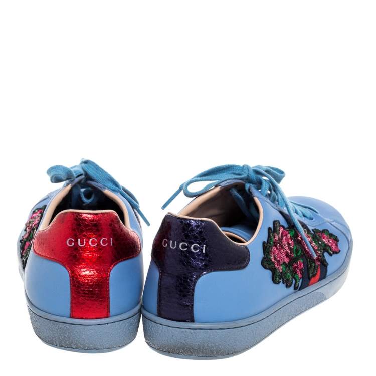 Pre Owned Gucci Blue Leather Ace Web Floral Embellished Low Top Sneakers Size 40.5