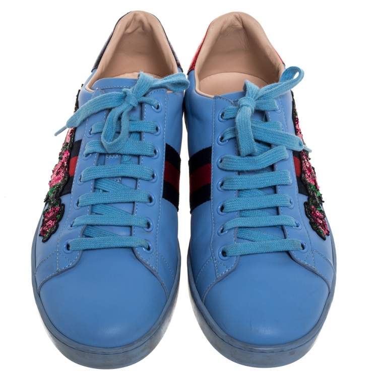 Pre Owned Gucci Blue Leather Ace Web Floral Embellished Low Top Sneakers Size 40.5