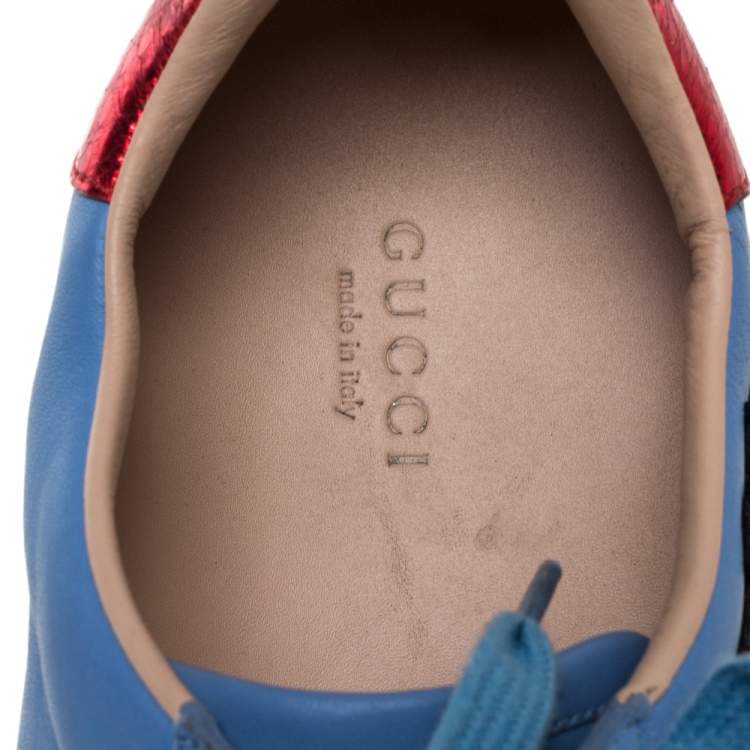 Pre Owned Gucci Blue Leather Ace Web Floral Embellished Low Top Sneakers Size 40.5