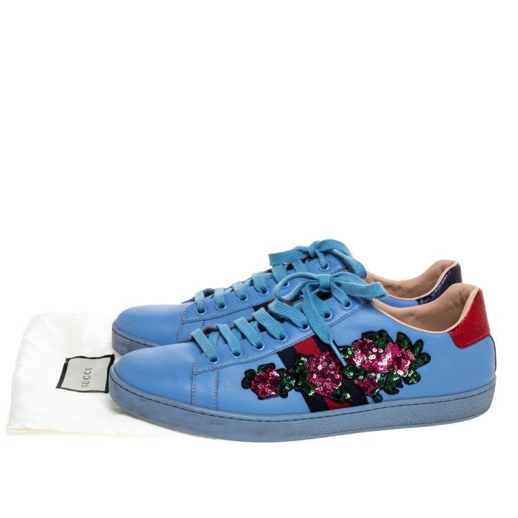 Pre Owned Gucci Blue Leather Ace Web Floral Embellished Low Top Sneakers Size 40.5