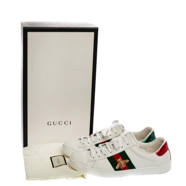 Pre Owned Gucci White Leather Embroidered Bee Ace Low Top Sneakers Size 40.5