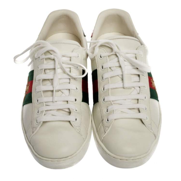Pre Owned Gucci White Leather Embroidered Bee Ace Low Top Sneakers Size 40.5