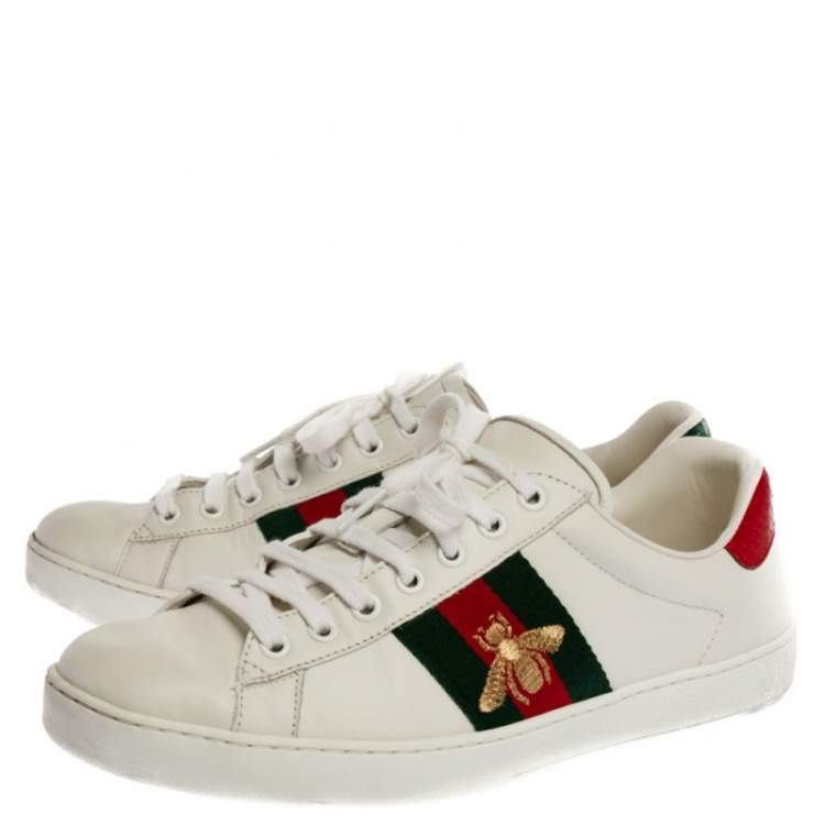 Pre Owned Gucci White Leather Embroidered Bee Ace Low Top Sneakers Size 40.5