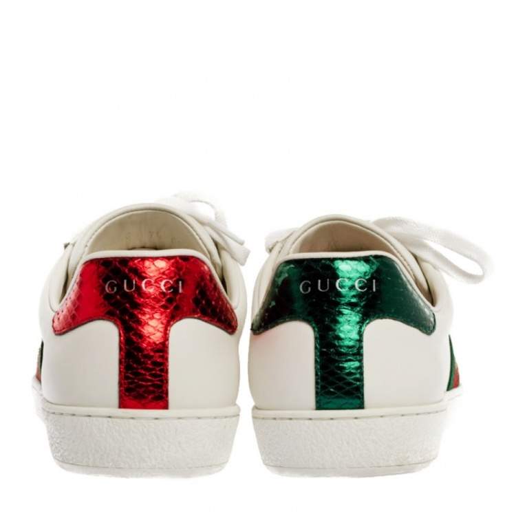 Pre Owned Gucci White Leather Embroidered Bee Ace Low Top Sneakers Size 40.5