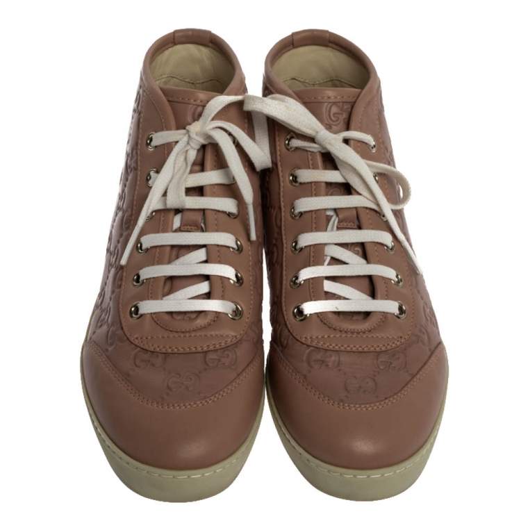 Pre Owned Gucci Nude Pink Guccissima Leather Lace High Top Sneakers Size 37